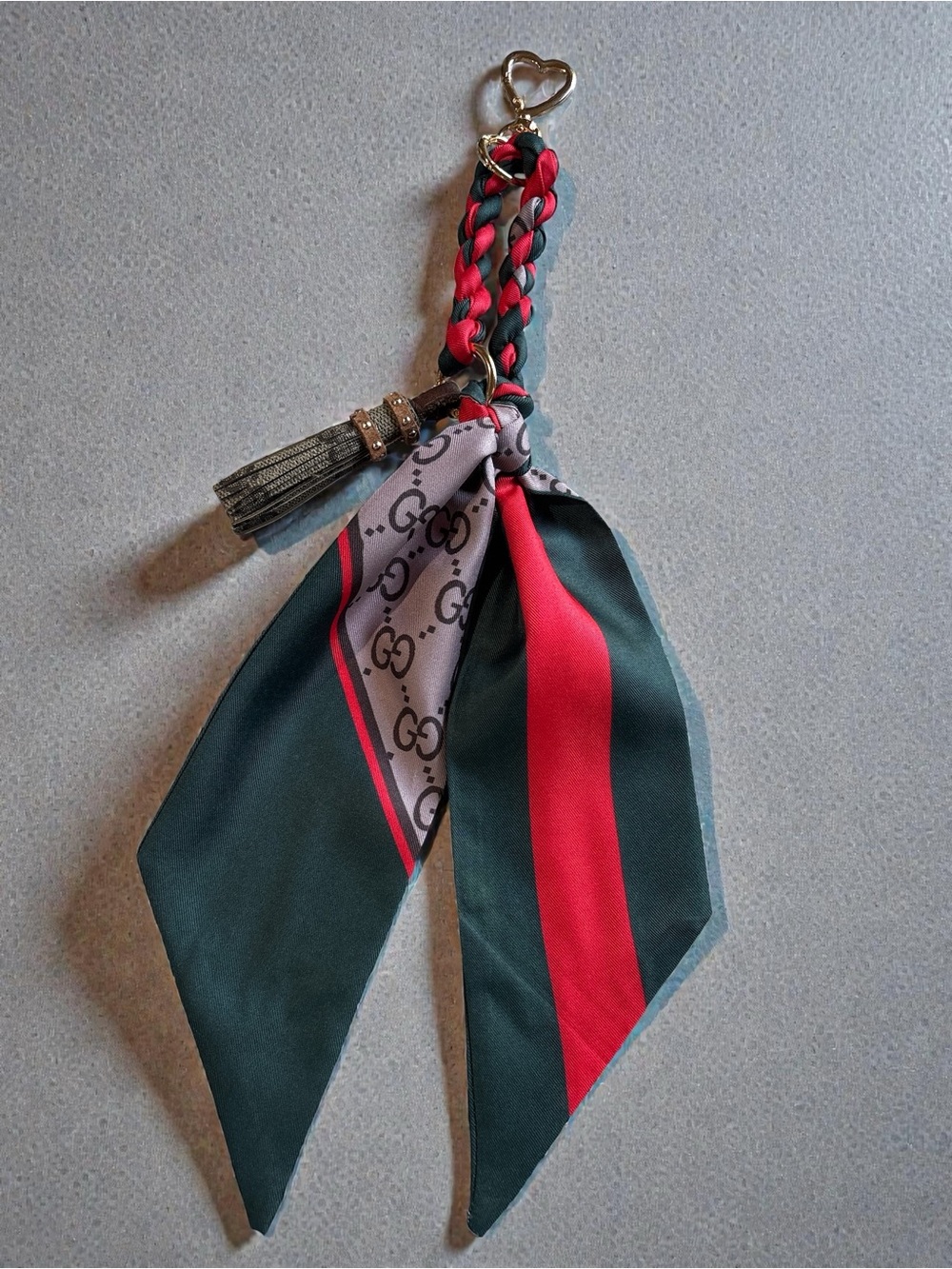 Upcycled Gucci Canvas Tassel Bag Charm with fashion twisted twilly